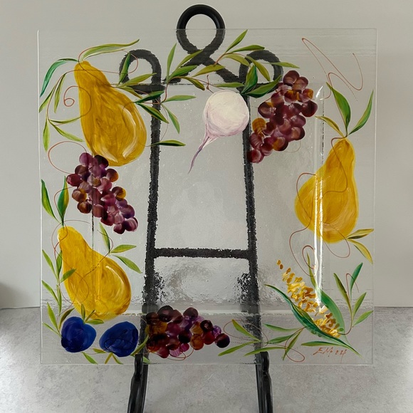 Art Glass Hand Painted & Signed Square Platter - Picture 2 of 6